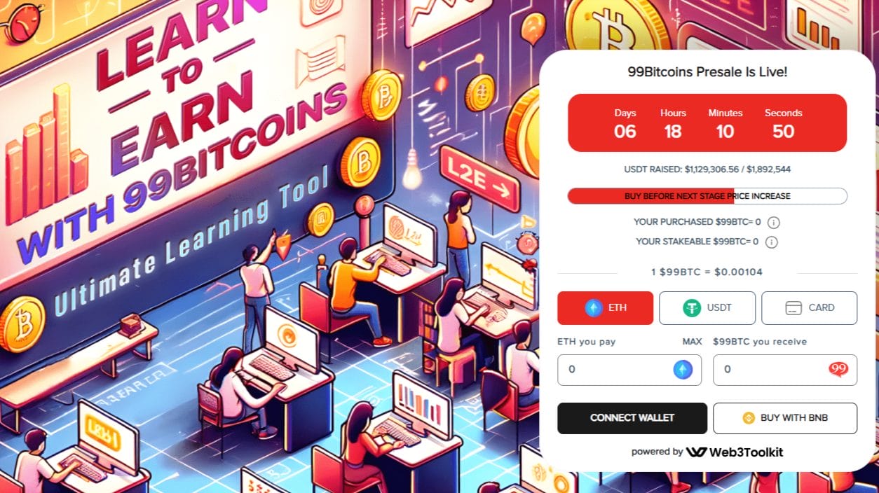 BRC-20 Investors Bet Big on Highest APY Learn-to-Earn Platform – Over $1M Raised for 99Bitcoins in Explosive New 99BTC Crypto Presale